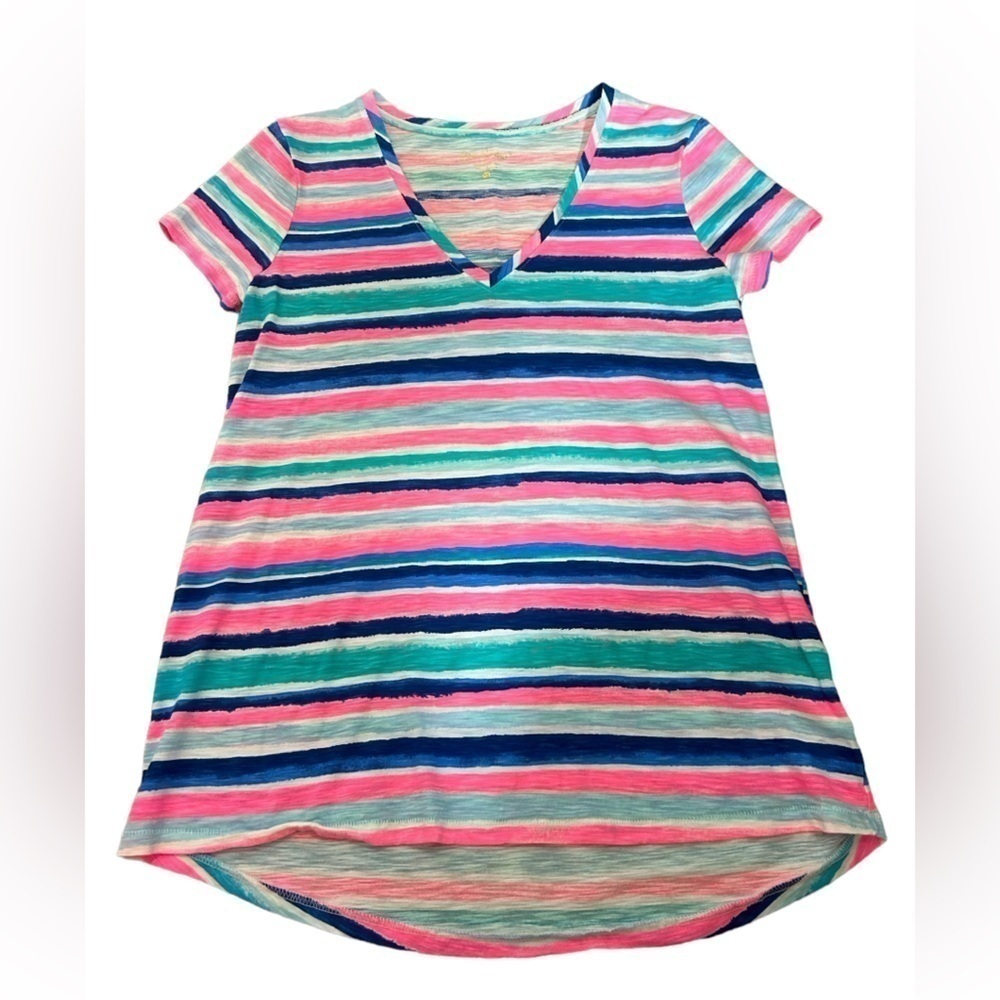 Lilly Pulitzer Sandy Shell Stripe V-NECK ETTA TEE 100% Cotton Tunic Hi Low Sz XS